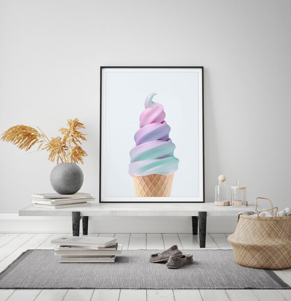 Pastel Rainbow Swirl Soft Serve Ice Cream Cone Food Art Print