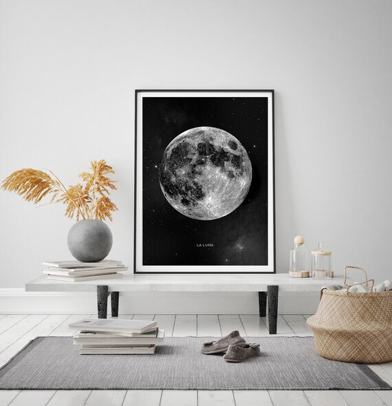 La Luna Black And White Full Moon Night Sky Photography Poster