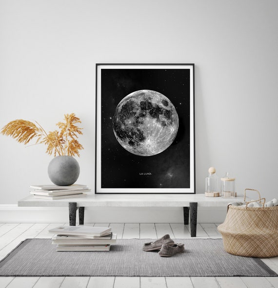Moon Print Moon Art Moon Poster Wall Art Night Sky La Luna Print Black White Wall Art Rustic Home Decor Instant