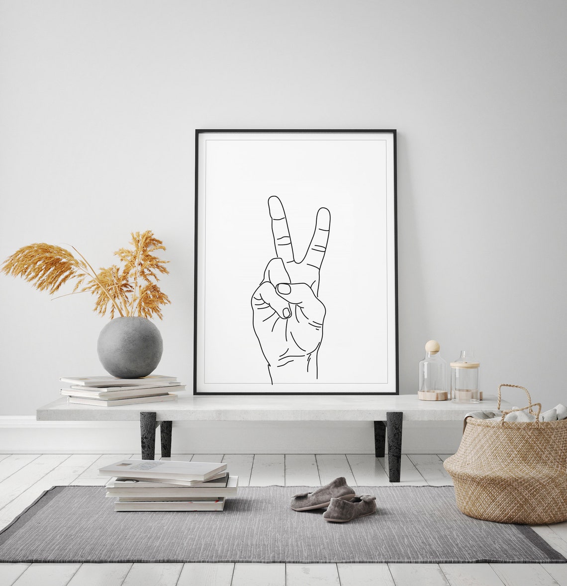 Peace Sign Hand Gesture Minimalist Line Drawing Black White Art Print