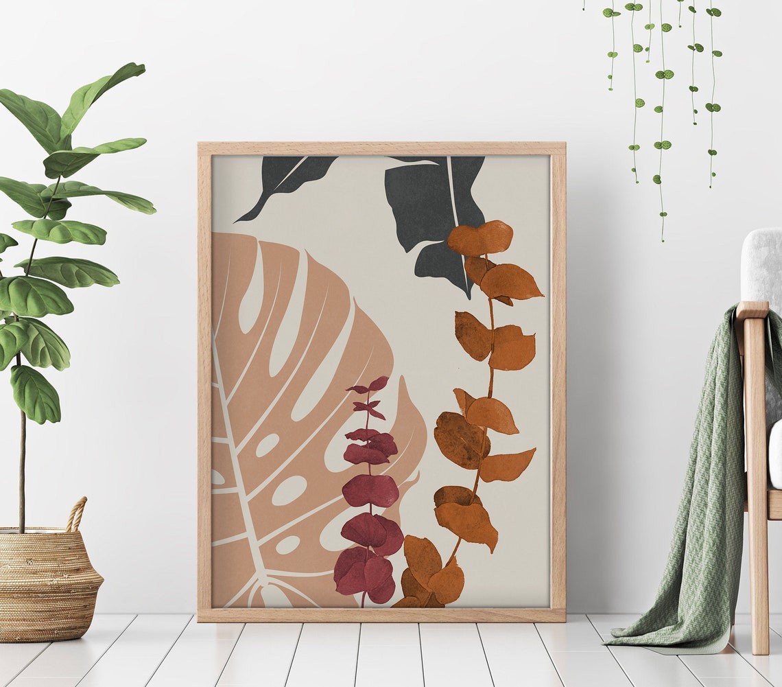 Terracotta Monstera Eucalyptus Leaves Modern Boho Botanical Poster