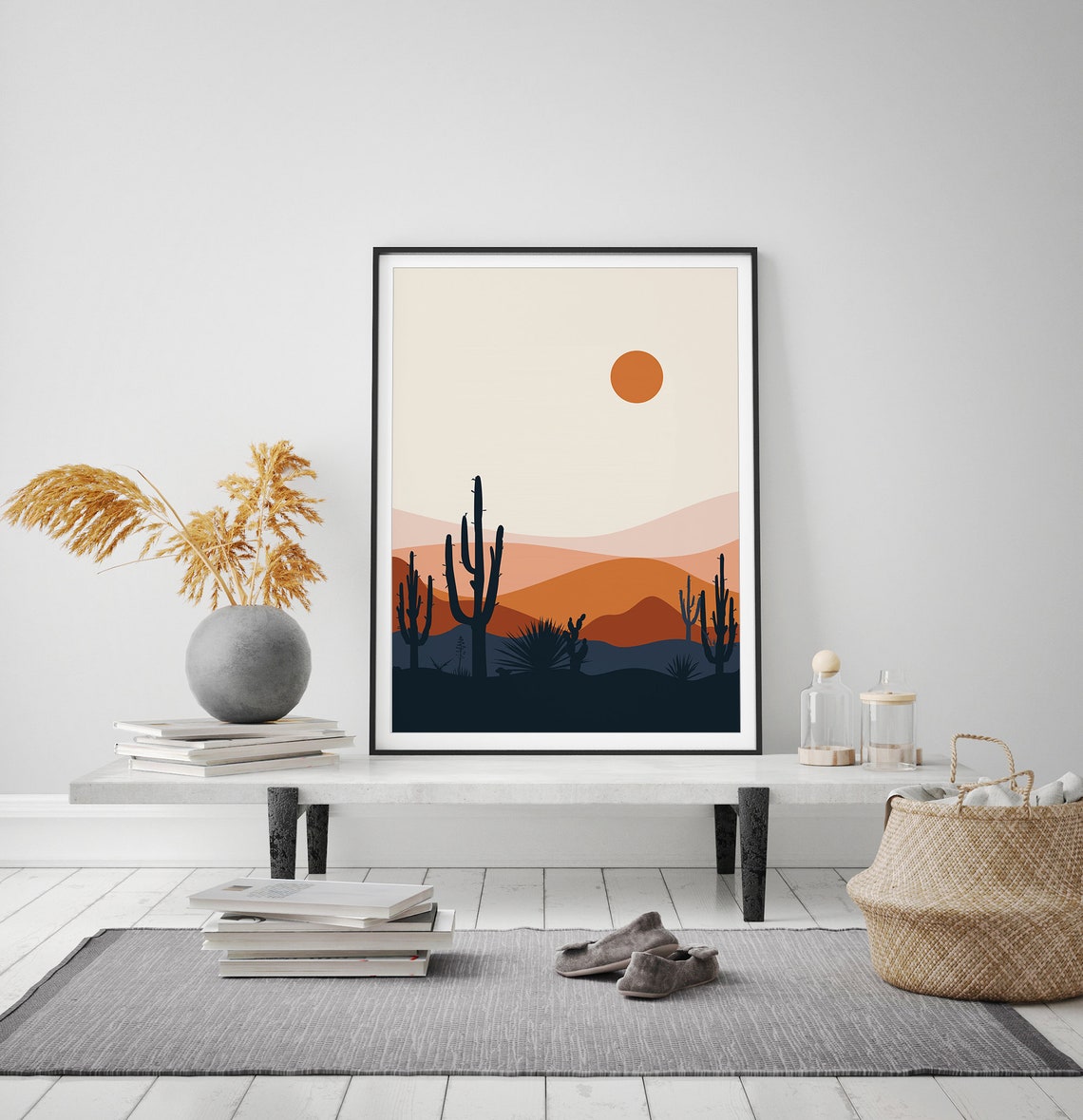 Desert Sunset Saguaro Cactus Silhouette Orange Sun Art Poster