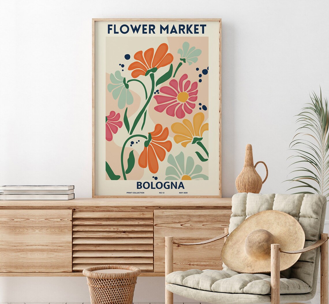 Flower Market Bologna Navy Coral Matisse Botanical Floral Art Poster