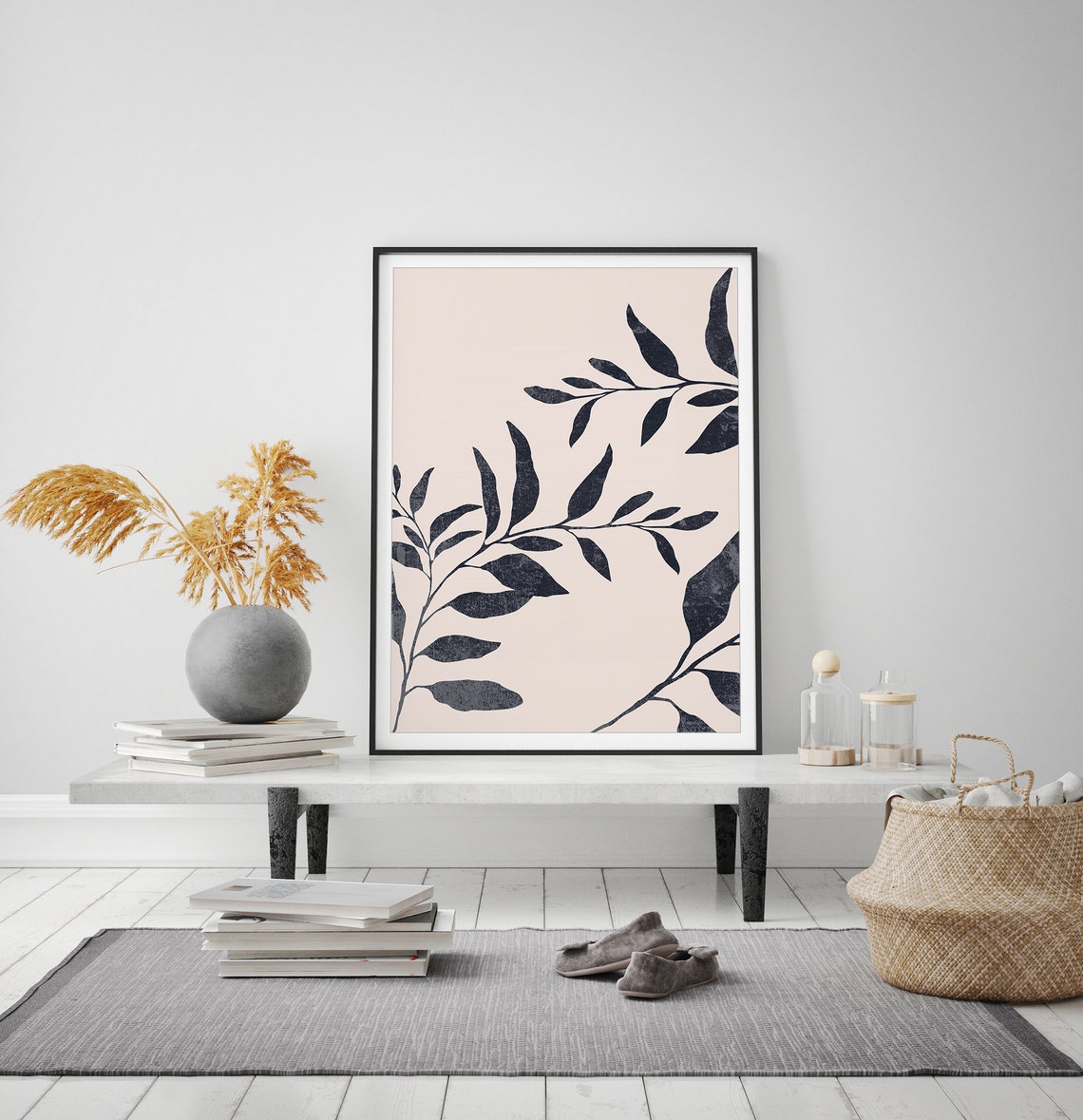 Navy Blue Botanical Leaves Blush Pink Scandinavian Art Print