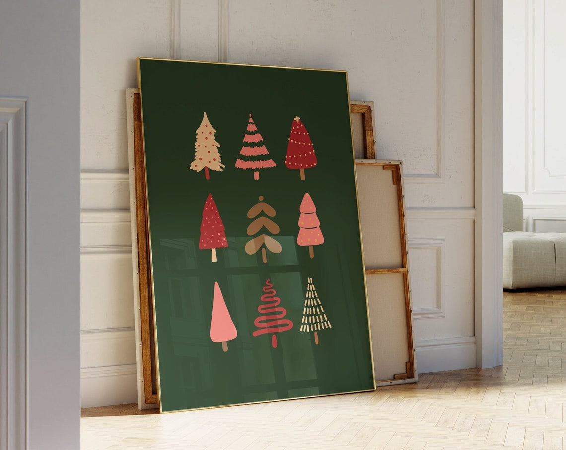 Nine Cute Christmas Trees Folk Art Style Green Holiday Wall Poster - Image 3