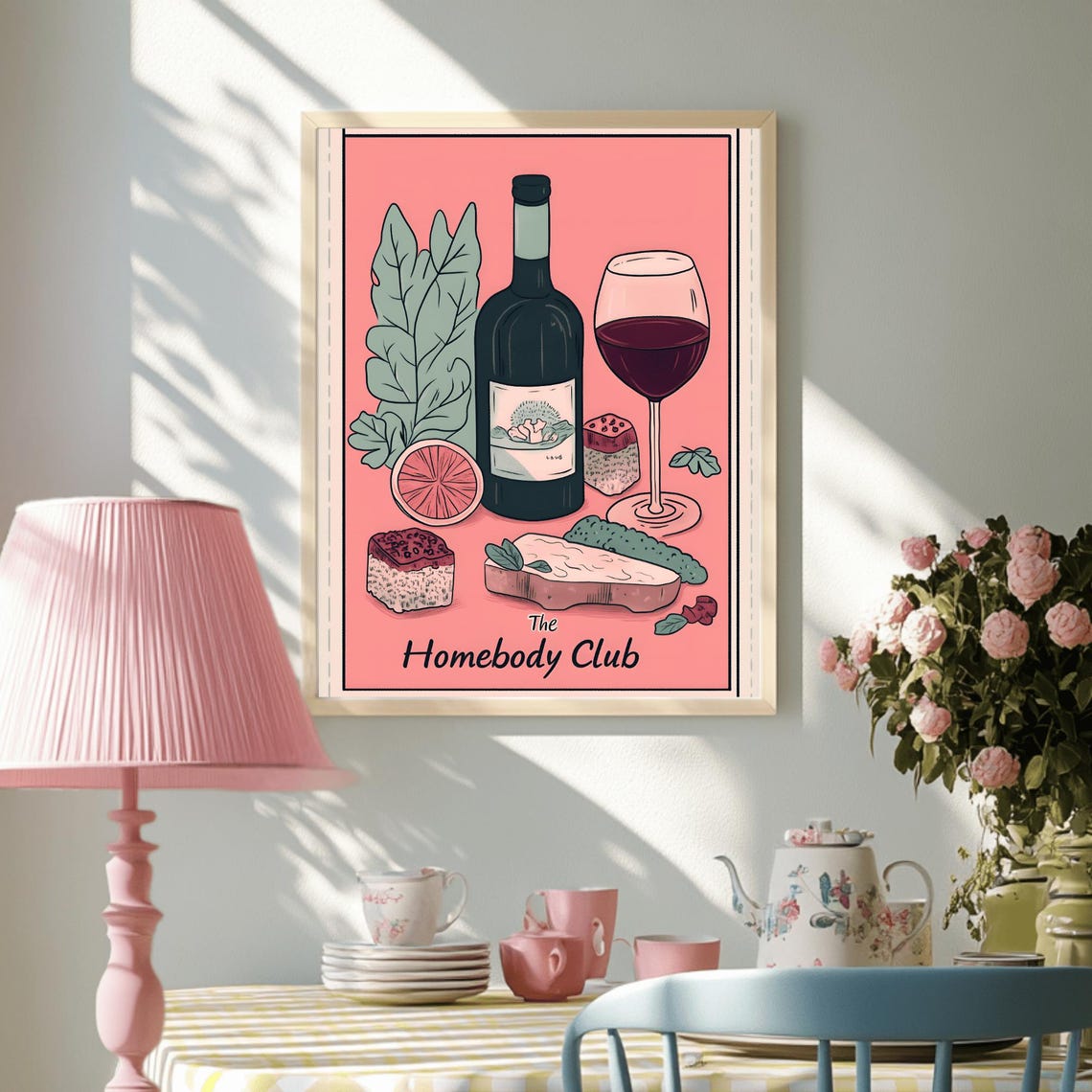 The Homebody Club Wine Cheese Illustration Coral Kitchen Art Poster - Image 3