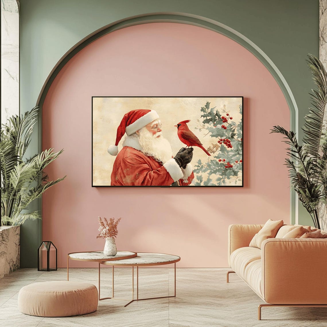 Vintage Santa Claus Profile with Cardinal Cream Background Poster - Image 2