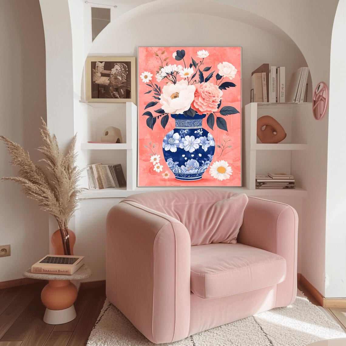 Navy Floral Vase with Peonies on Coral Watercolor Art Poster - Image 3