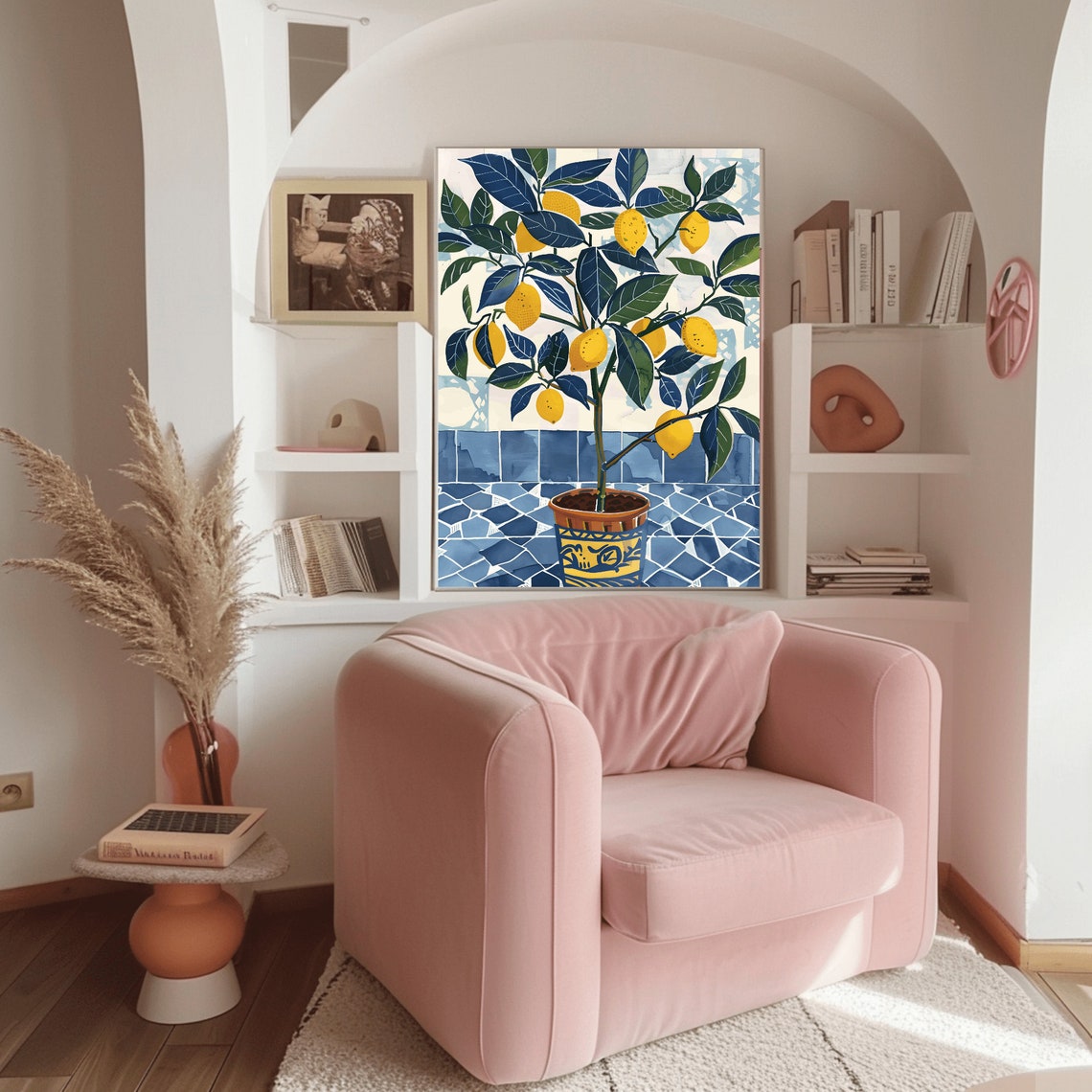 Potted Lemon Tree Moroccan Blue Tiles Watercolor Kitchen Art Poster - Image 3