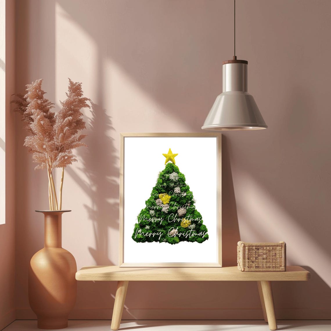 Green Moss Christmas Tree with Gold Star Merry Christmas Script Poster - Image 2