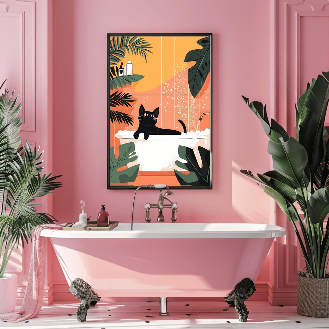 Black Cat Lounging in Bubble Bath Funny Tropical Bathroom Poster - Image 3