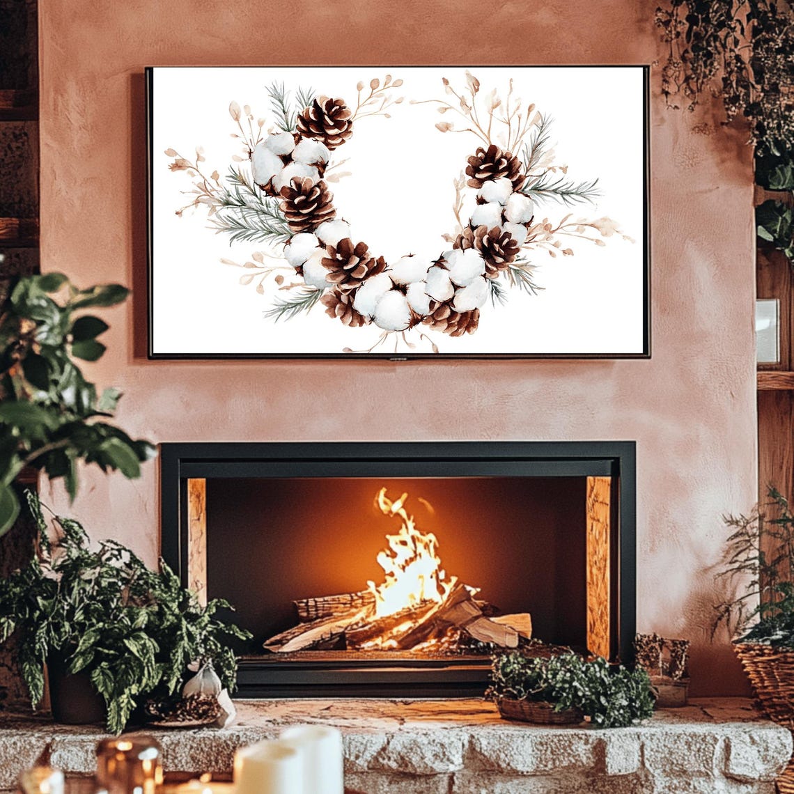 Pinecone Cotton Wreath With Green Pine Sprigs Winter Decor Poster - Image 3