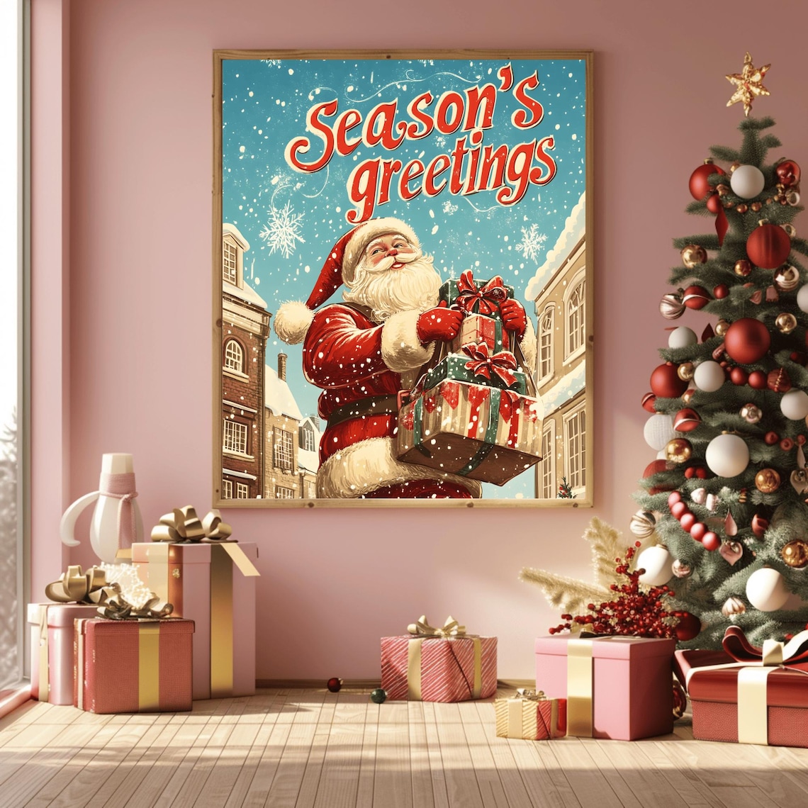 Classic Vintage Santa Climbing a Snowy Rooftop Season's Greetings Poster - Image 3