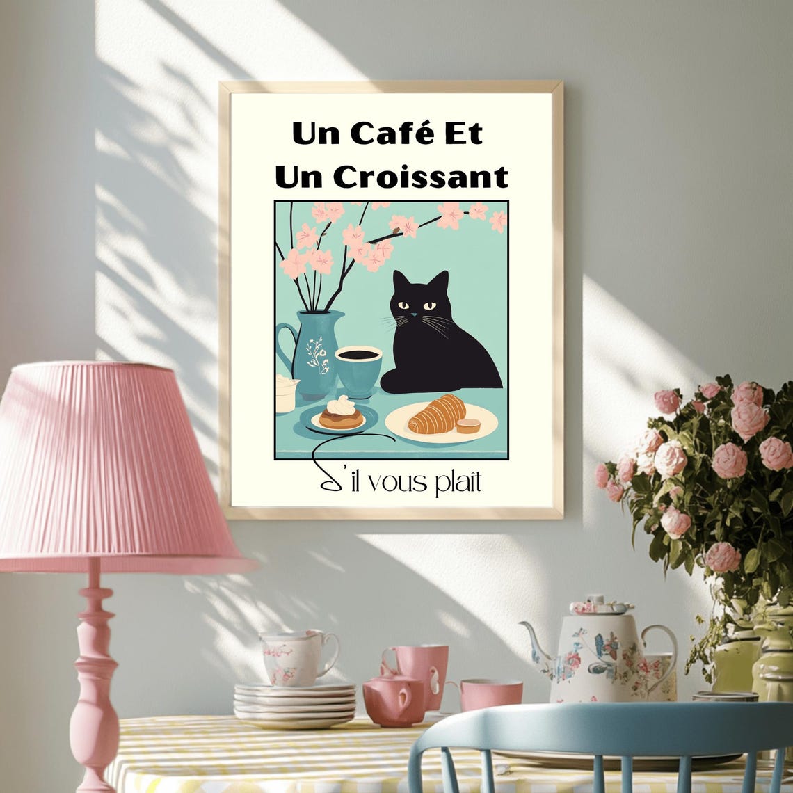 Un Cafe Et Un Croissant Black Cat French Cafe Kitchen Art Poster - Image 3