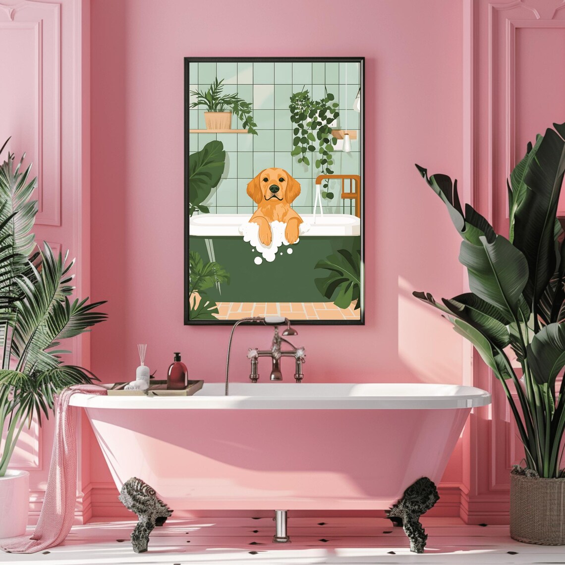 Golden Retriever Bubble Bath Green Tiled Bathroom Funny Poster - Image 3