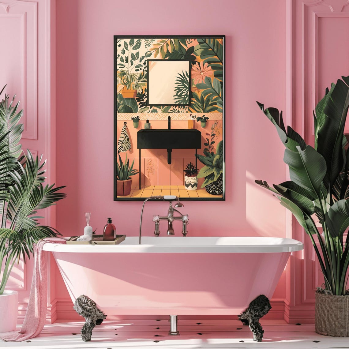 Black Console Sink Tropical Leaf Wallpaper Botanical Bathroom Poster - Image 3