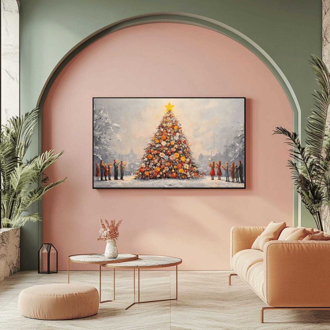 Blooming Christmas Tree Snowy Plaza Carolers Vintage Style Poster - Image 2