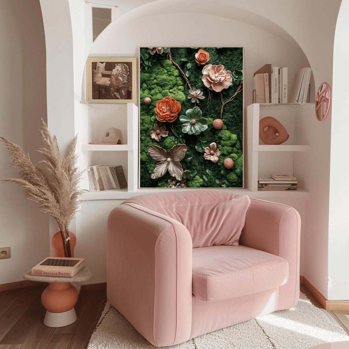 Copper Rust Flowers and Metallic Leaf on Bright Moss Wall Poster - Image 3
