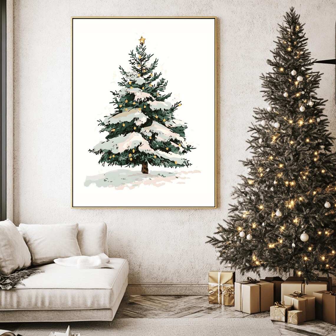Graceful Snow-Dusted Watercolor Christmas Tree with Gold Star Art Print - Image 2