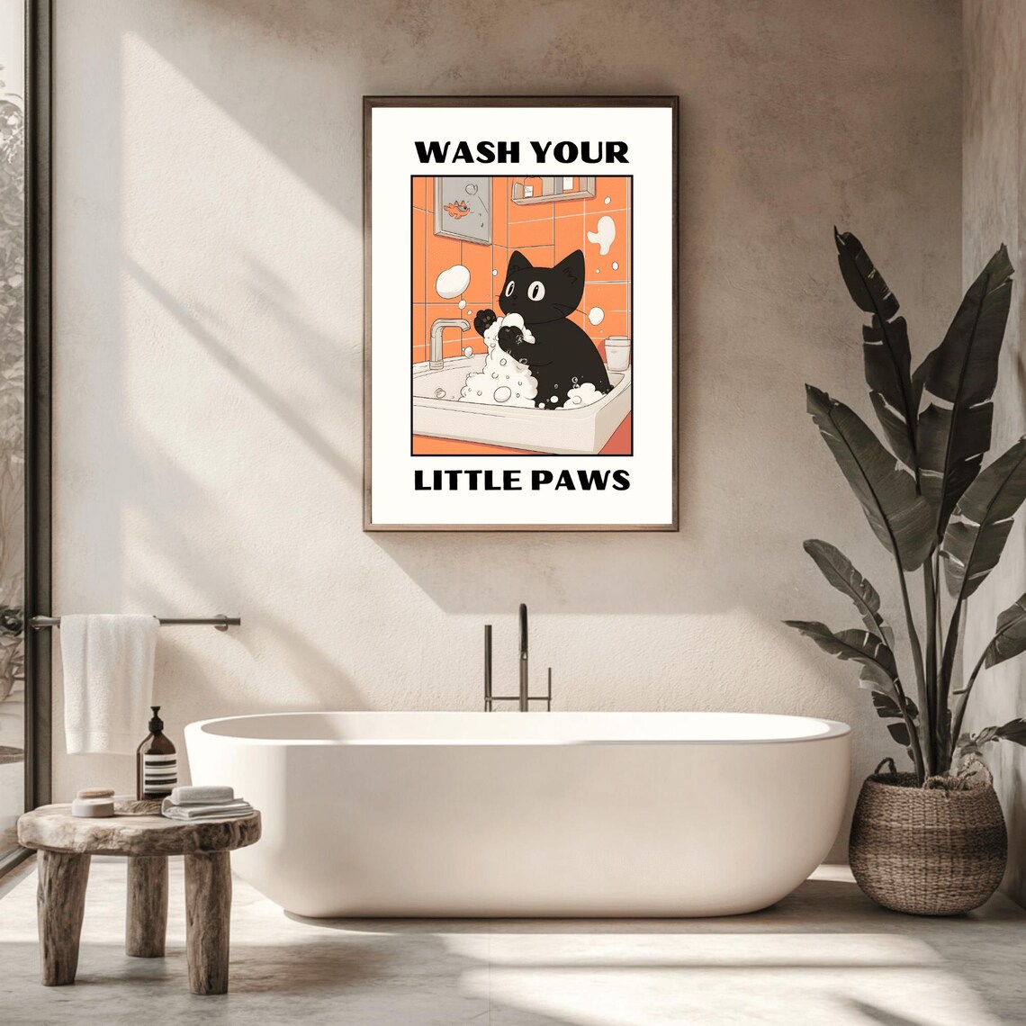 Wash Your Paws Cat Print, Kawaii Bathroom Poster - Image 2