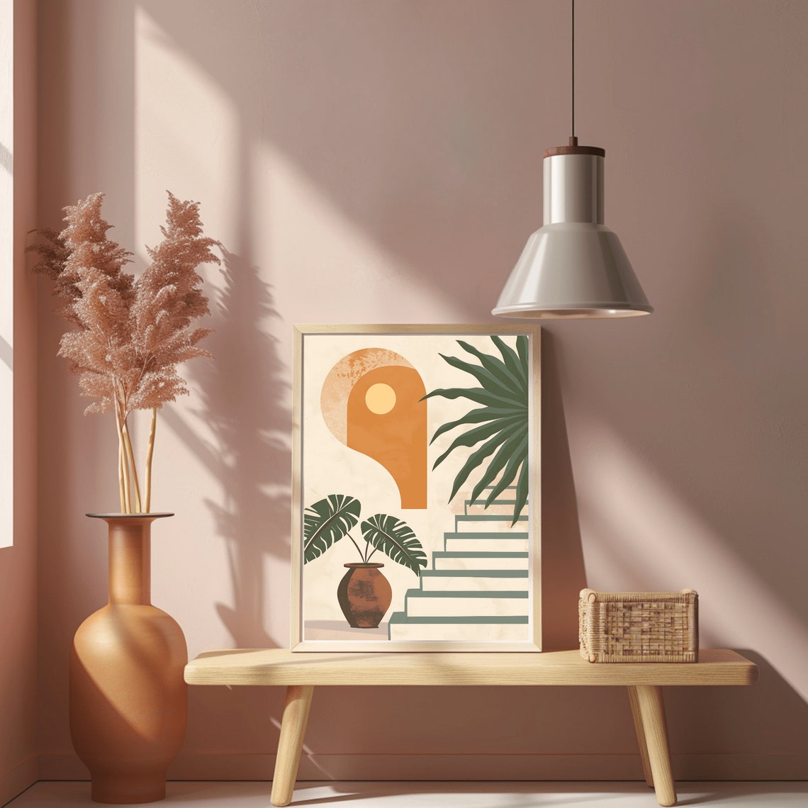 Tropical Terracotta Arch Sun Monstera and Staircase Boho Poster - Image 2