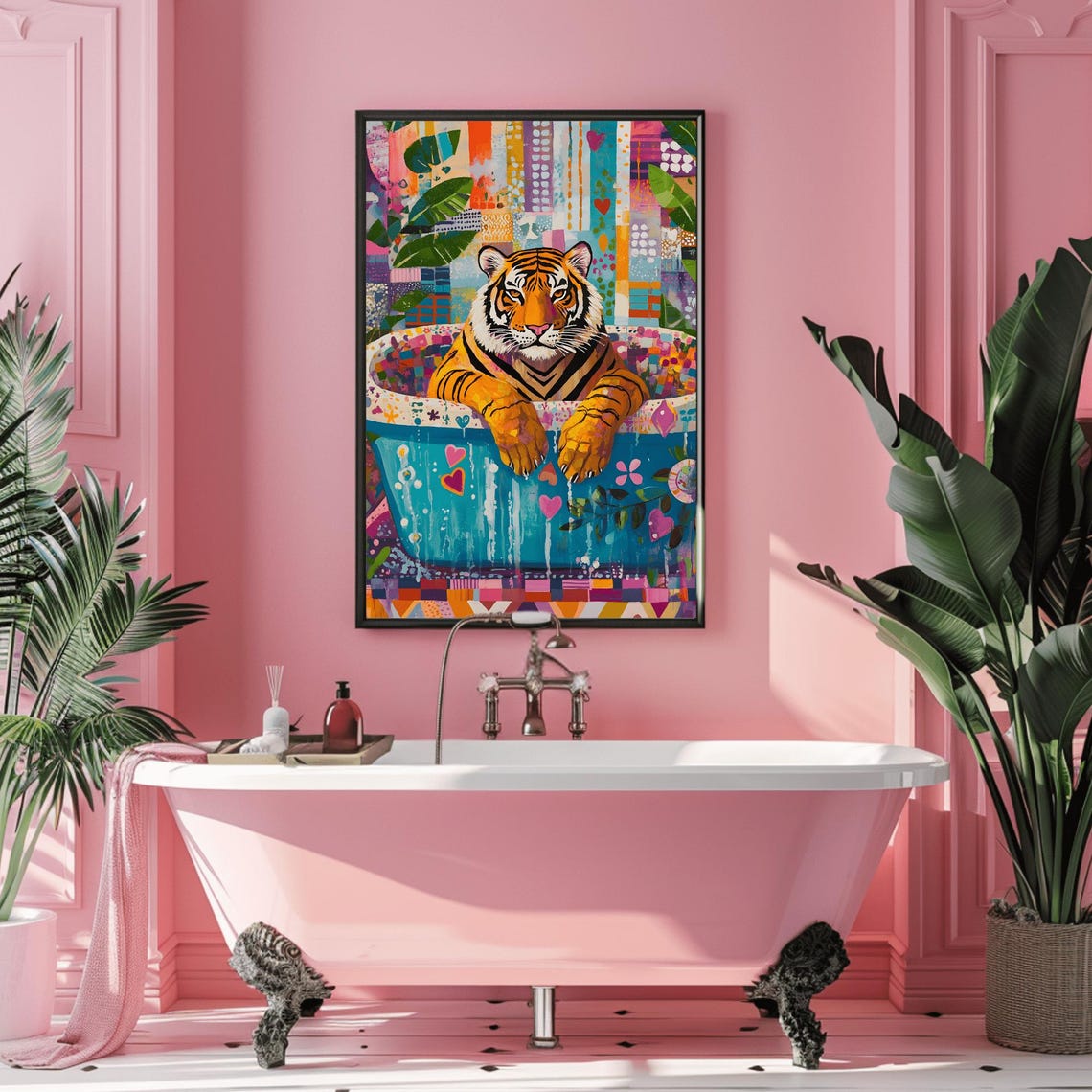 Playful Tiger Resting in Blue Bathtub Heart Confetti Bathroom Poster - Image 3