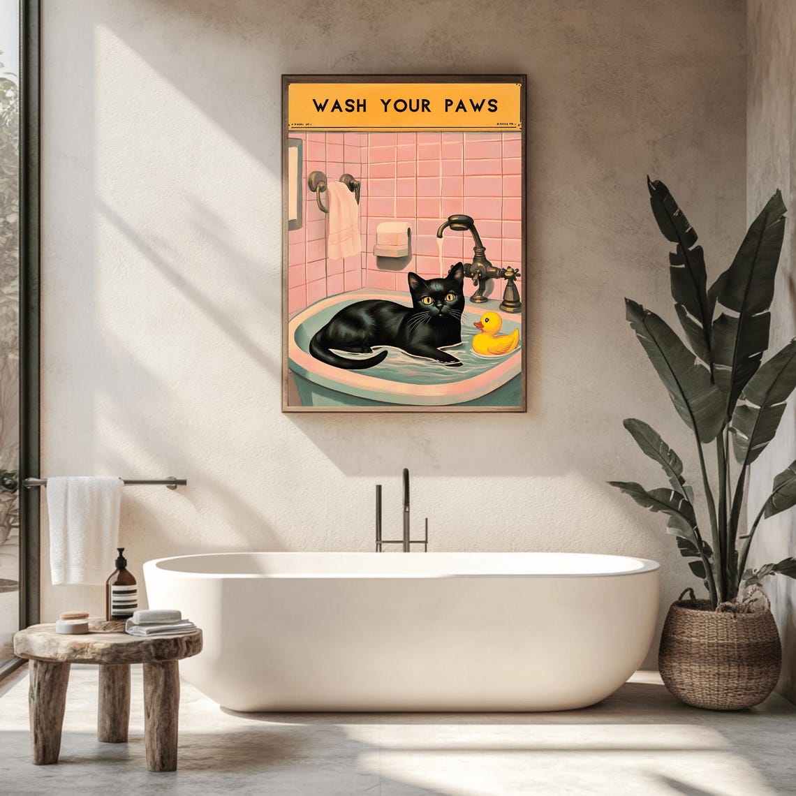 Wash Your Paws Black Cat in Vintage Sink Rubber Duck Funny Poster - Image 2
