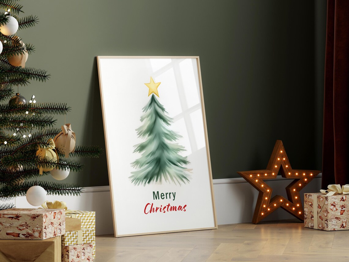 Watercolor Christmas Tree with Glowing Golden Star Minimalist Poster - Image 2