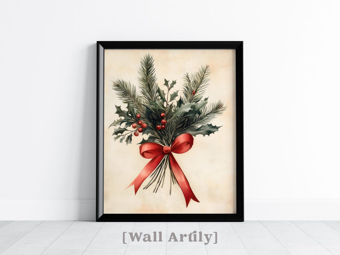 Vintage Pine And Holly Christmas Bouquet With Red Ribbon Bow Poster - Image 2