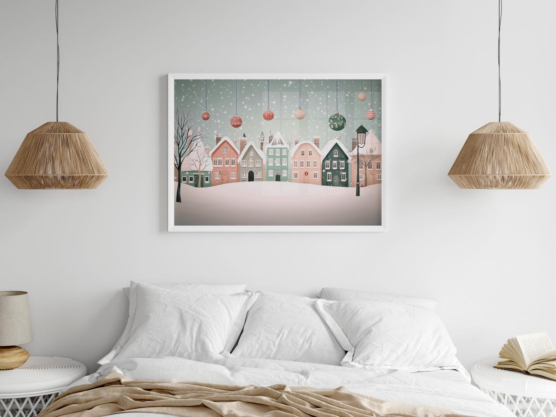 Pastel Snowy Town With Colorful Houses And Hanging Baubles Poster - Image 5