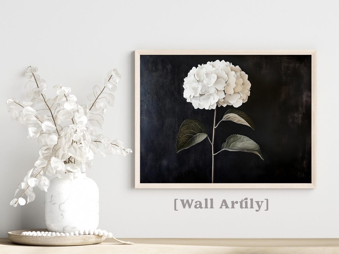 White Hydrangea Moody Dark Background Floral Botanical Poster - Image 5