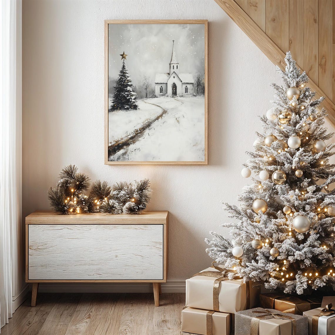 Vintage Snowy White Church And Christmas Tree Winter Painting Poster - Image 6