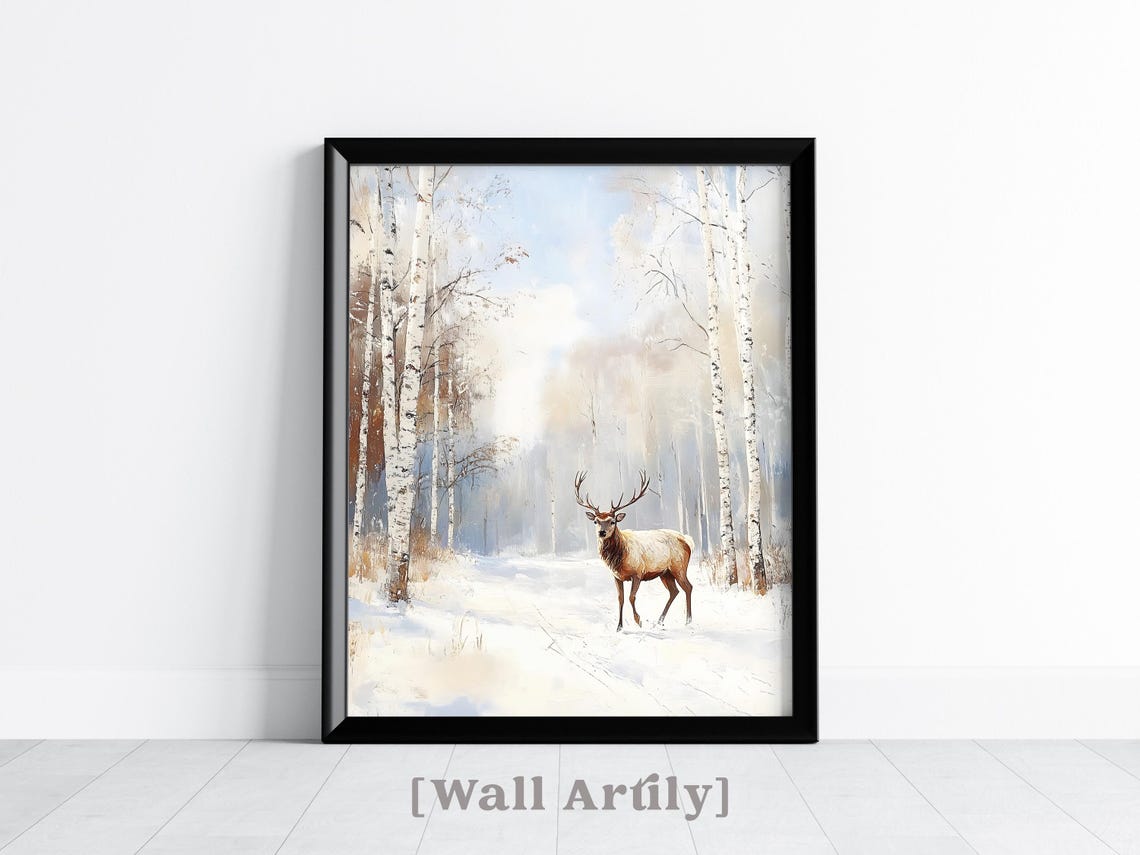Noble Stag With Antlers In Snowy Birch Forest Winter Painting Poster - Image 3