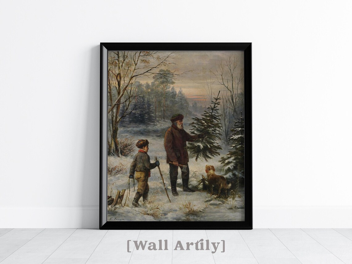 Father And Son Chopping Down A Christmas Tree, Vintage Poster