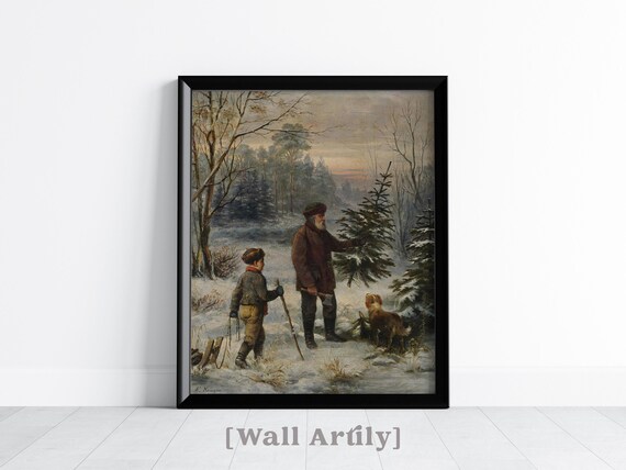 Father And Son Chopping Down A Christmas Tree, Vintage Poster
