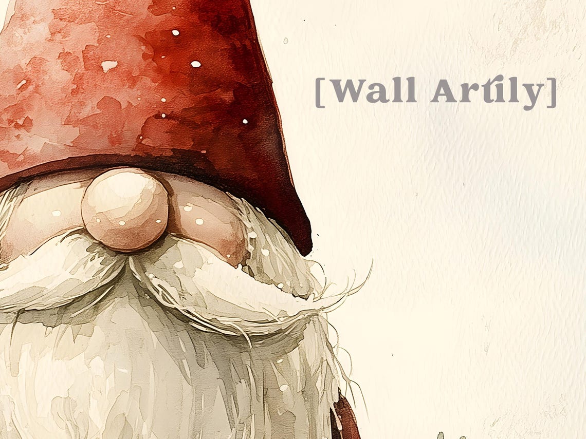 Christmas Gnome Watercolor Tall Red Hat Pine Holiday Art Poster - Image 2