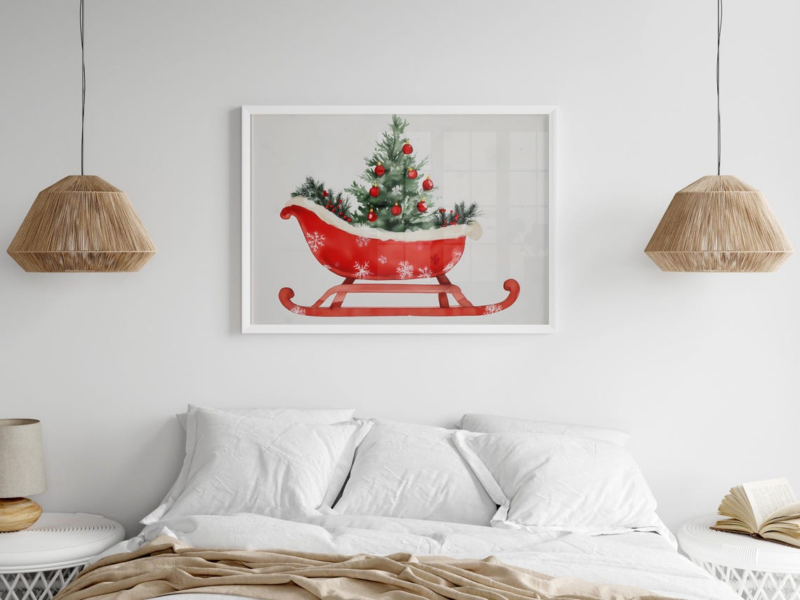 Red Watercolor Christmas Sleigh With Mini Tree And Ornaments Poster - Image 4
