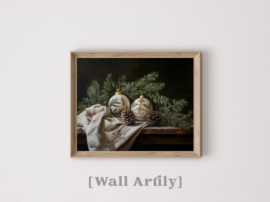 Moody Christmas Still Life With White Baubles And Pinecones Poster - Image 6