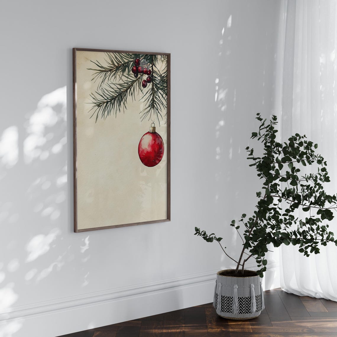 Red Christmas Ornament Hanging From Pine Branch Watercolor Poster - Image 4