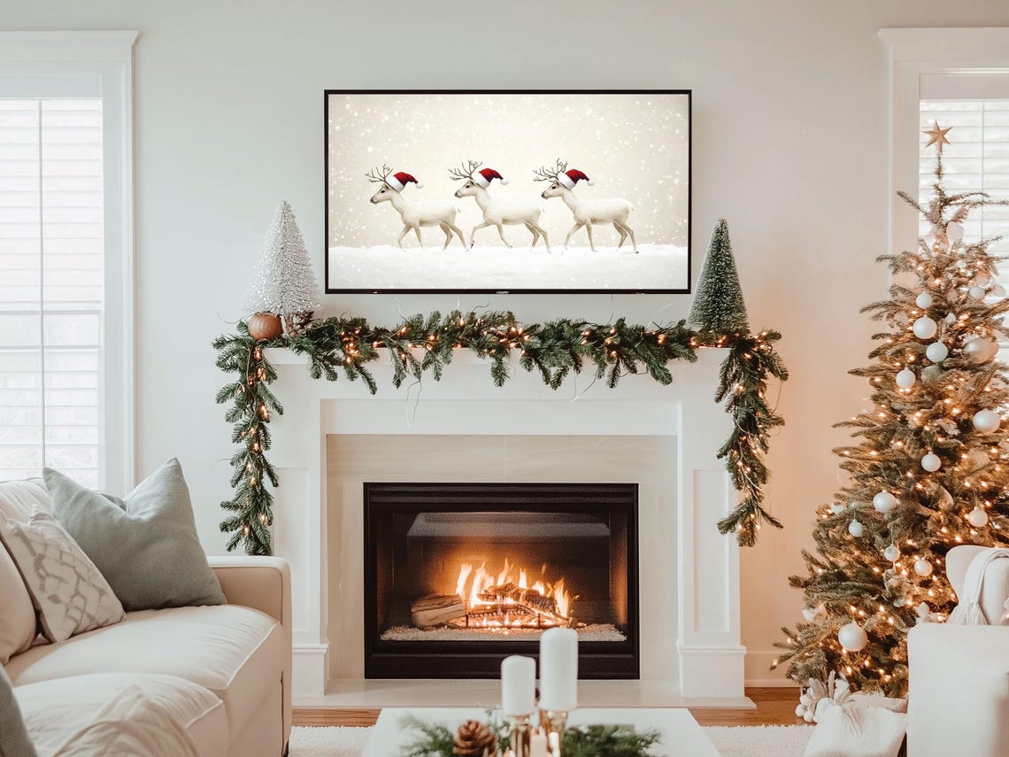 Three White Deer in Santa Hats Christmas Snow Scene Holiday Poster - Image 5