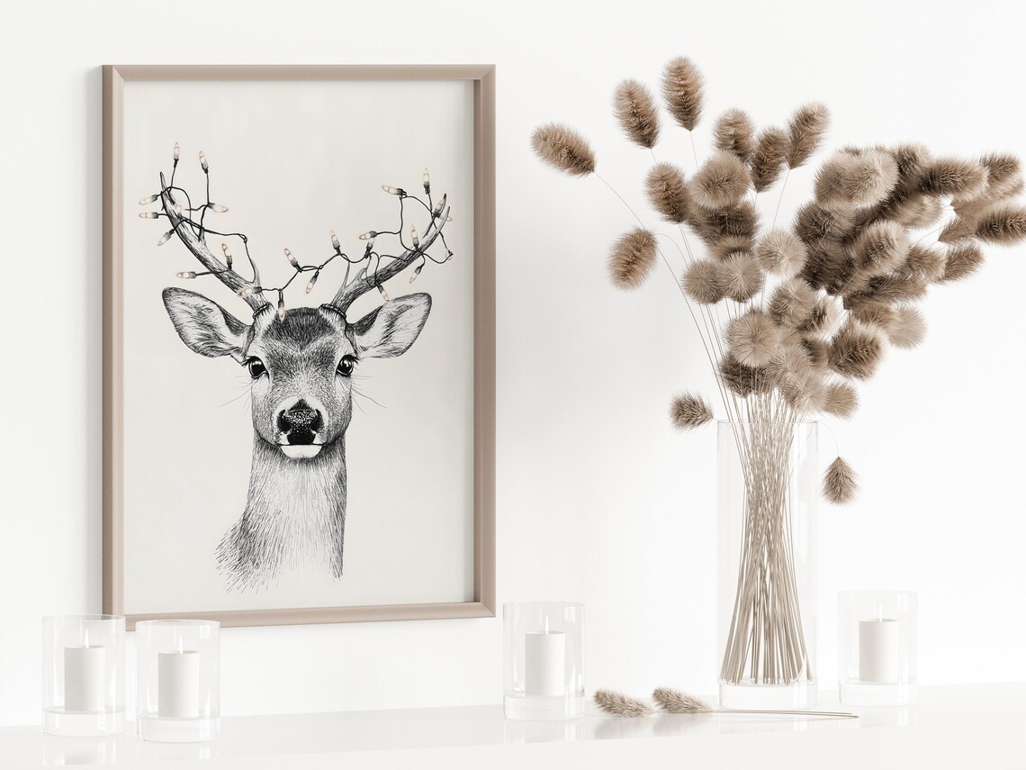Reindeer Portrait With Fairy Lights On Antlers Ink Drawing Poster - Image 4