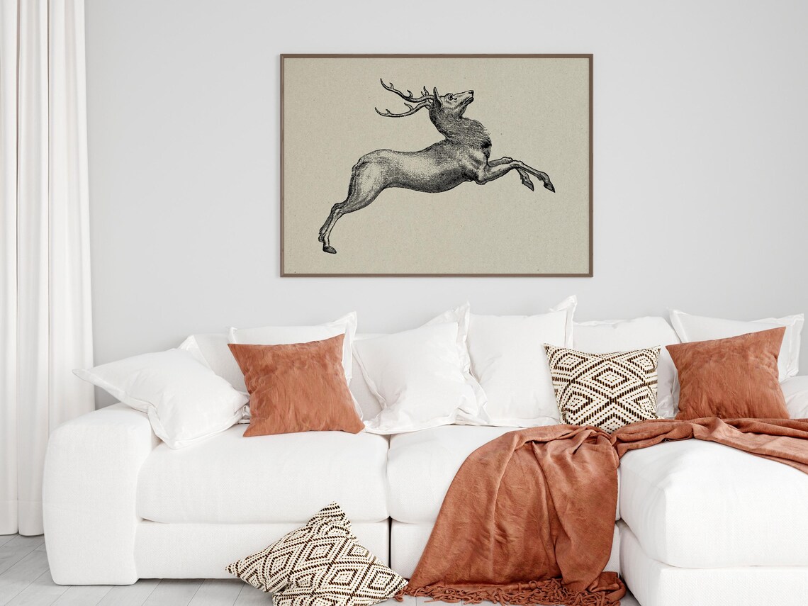 Vintage Leaping Stag with Antlers Classic Wildlife Engraving Poster - Image 2