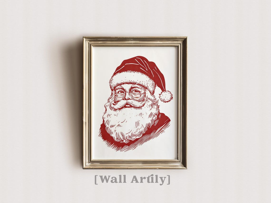 Vintage Red Line Art Santa Claus Portrait With Glasses Poster - Image 5