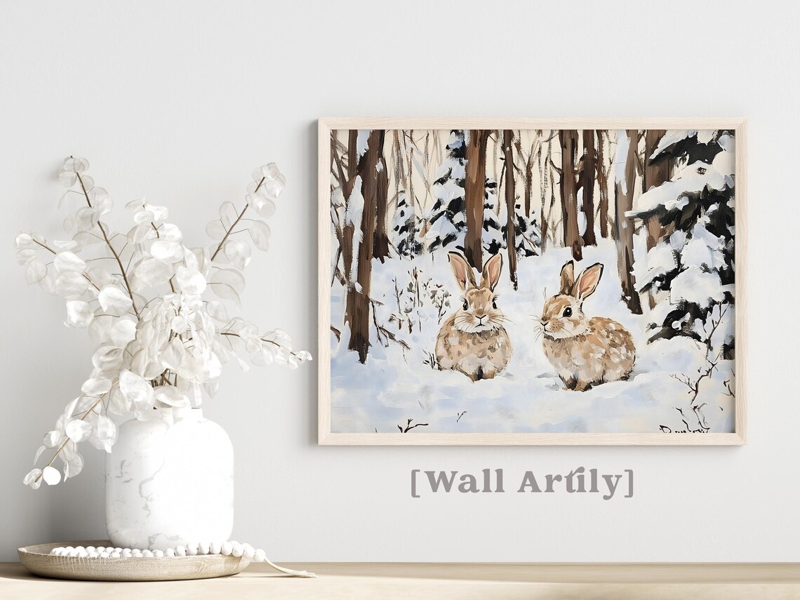 Snowy Forest Bunnies Winter Woodland Oil Painting Animal Poster - Image 7