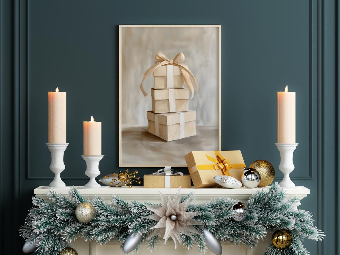 Beige Gift Box with Champagne Satin Bow Elegant Painterly Poster - Image 2