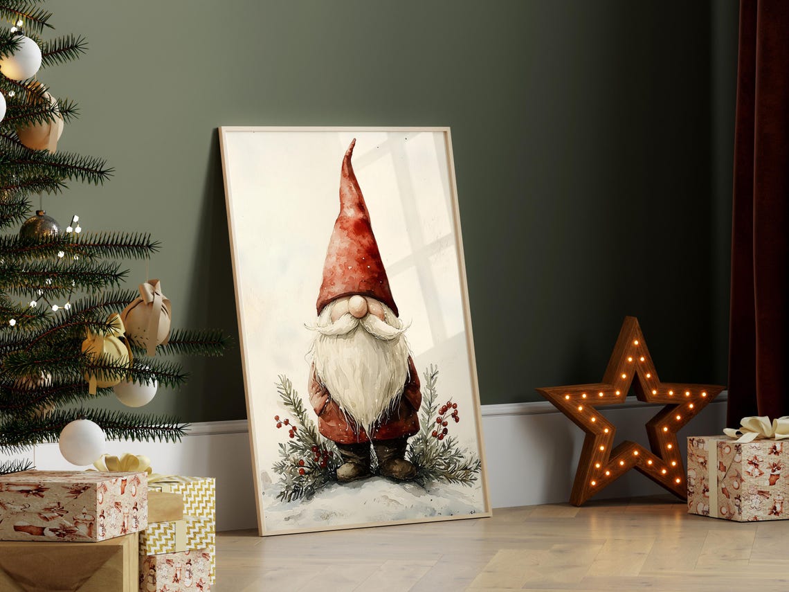 Christmas Gnome Watercolor Tall Red Hat Pine Holiday Art Poster - Image 6
