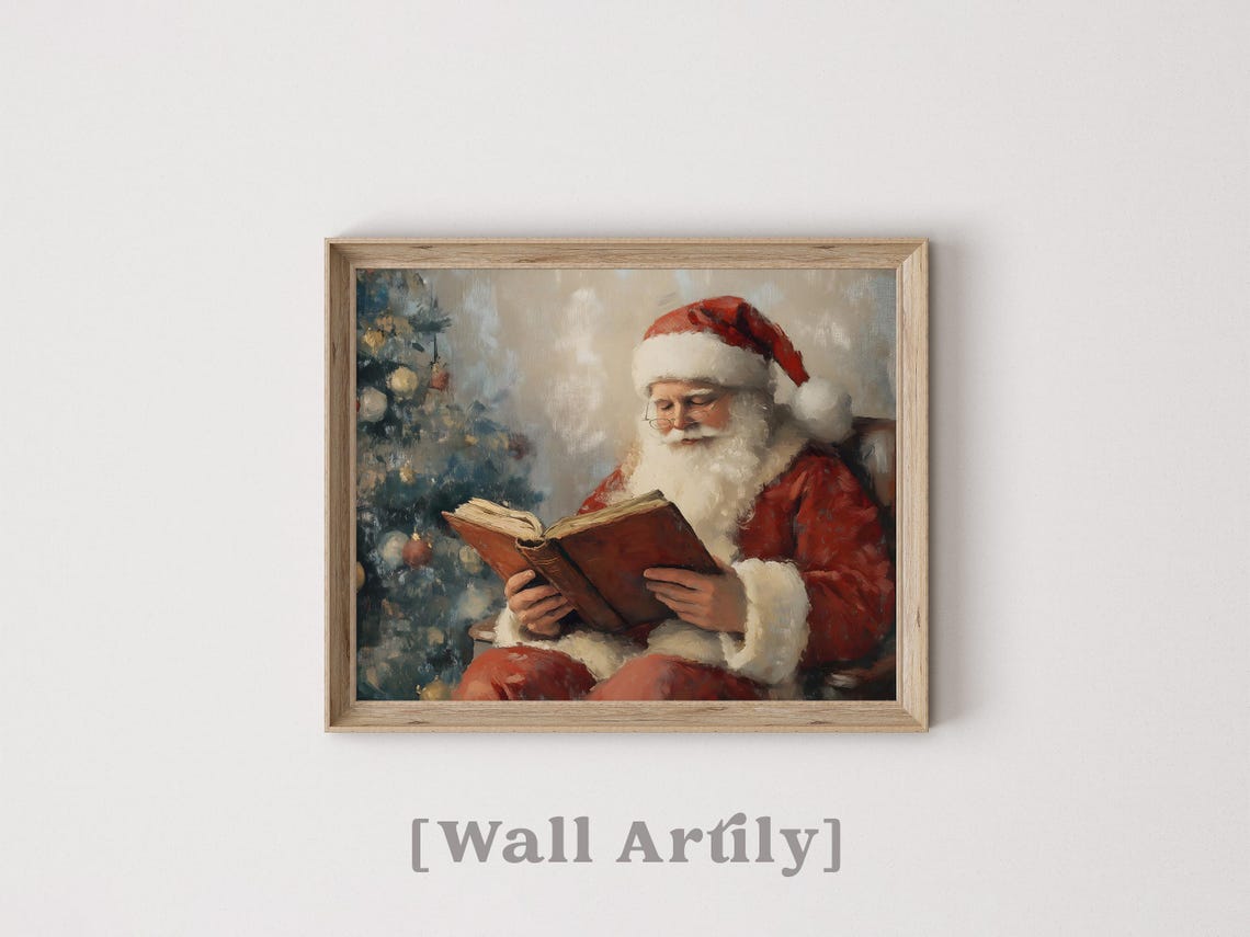 Santa Claus Reading Book By Christmas Tree Vintage Oil Art Poster - Image 4