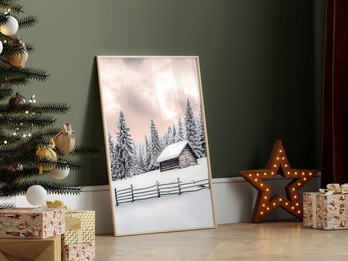 Snowy Log Cabin Winter Forest Pink Sky Mountain Scene Poster - Image 6