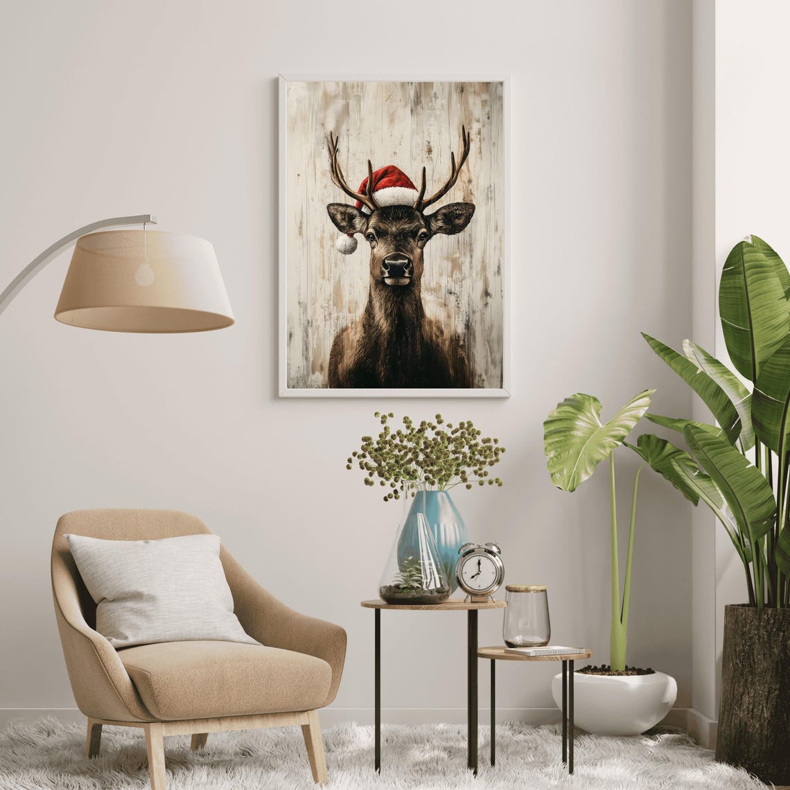 Reindeer Wearing Santa Hat Rustic Christmas Wood Sign Style Poster - Image 2