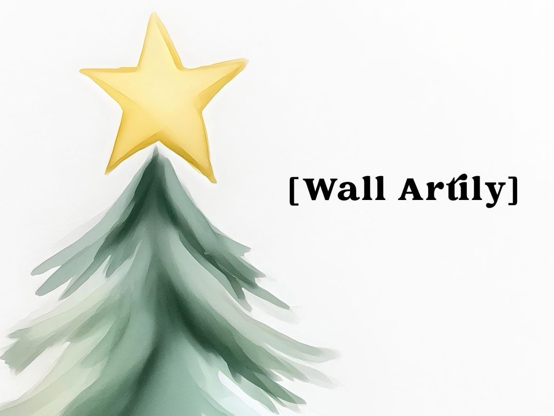 Watercolor Christmas Tree with Glowing Golden Star Minimalist Poster